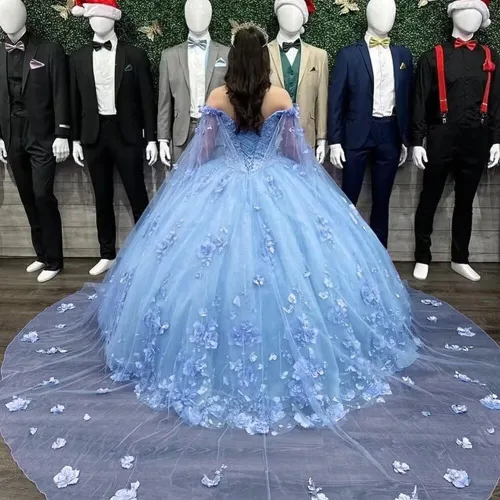 Vista 3 de Asulla Precioso vestido de quinceañera de flores 3D con capa desmontable fuera del hombro vestido de bola para dulces 16 fiesta 15 años