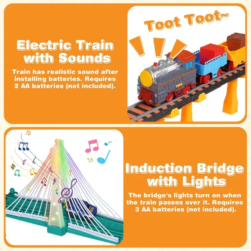 Vista 4 de Juego de tren eléctrico para niños de 5 a 8 años, 2 en 1, pistas de doble capa con puente iluminado y sonidos realistas, juguete de construcción