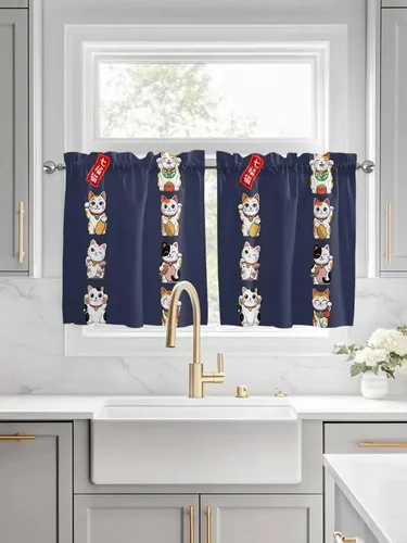 Vista 2 de Cortinas japonesas Noren para ventana de 24 pulgadas de largo, juego de 2 paneles, cortinas de cocina con bolsillo para cortinero, cortinas