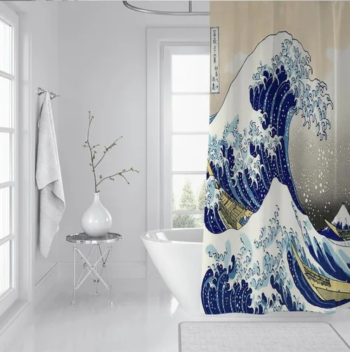 Vista 3 de Cortina de ducha con estampado de pintura impresionista, estilo japonés, Hokusai, The Great Wave Off Kanagawa, cortinas de ducha para baño, calidad
