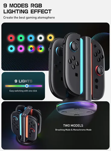 Vista 5 de SUPCASE Base de carga para Nintendo Switch 2 Joy Con, soporta carga de doble cara 9 modos de luz controlador magnético estación de soporte de carga