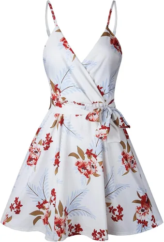 Vista 4 de CASURESS - Vestido corto de verano con cuello en V para mujer con estampado floral vuelo tirantes delgados cinturón sin mangas estilo patinadora