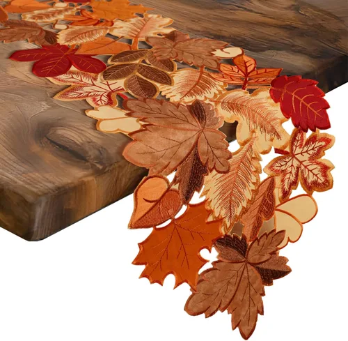 Vista 4 de Camino de mesa de otoño de 36 pulgadas de largo con hojas de arce bordadas para cosecha de Acción de Gracias, decoración de comedor con patrones