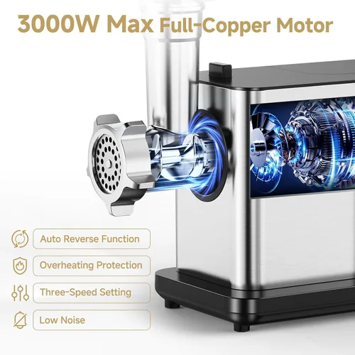 Vista 4 de AAOBOSI Picadora de carne eléctrica de 3000 W máx. con pantalla táctil a color, inversión automática y almacenamiento integrado, 3 ajustes