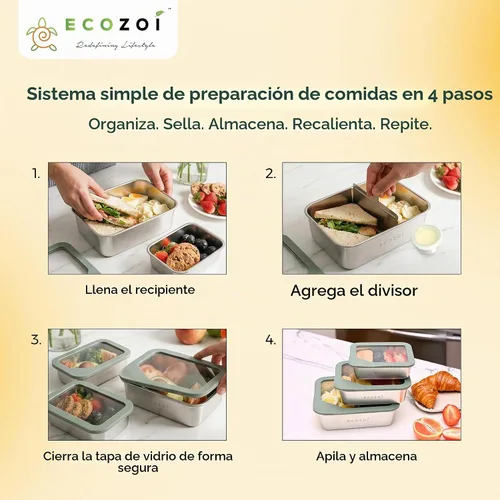 Vista 2 de ecozoi Lonchera de acero inoxidable, juego de 3 piezas con tapas de vidrio, recipientes de preparación de comidas aptos para lavavajillas, 75 onzas