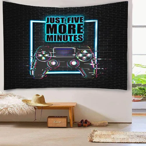 Vista 5 de Tapiz de juegos para decoración de sala de juegos, decoración de pared para colgar en la pared, solo cinco minutos más, tapices frescos de luz negra