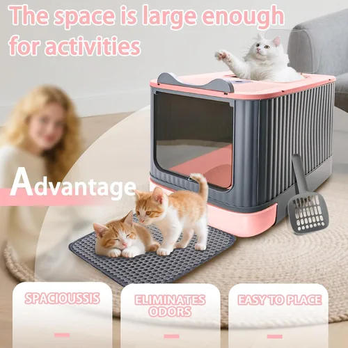 Vista 4 de Caja de arena para gatos con tapete de arena, caja de arena grande de 17"x14"x13" para gatos grandes, cajas de arena cerradas extraíbles, caja