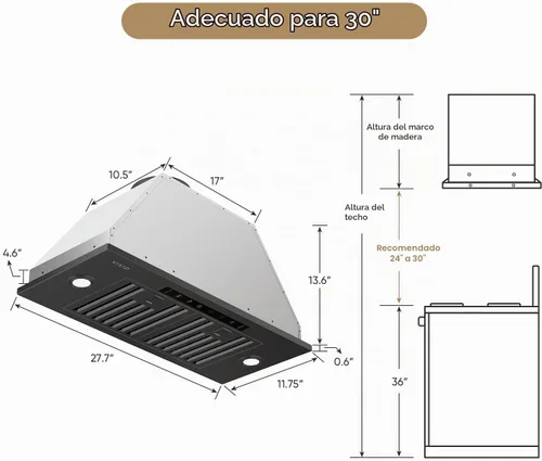 Vista 7 de VIKIO HOME Inserto de Campana Extractora de 30 Pulgadas, Convertible con Conductos/Sin Conductos, 980 CFM Campana de Ventilación de Cocina