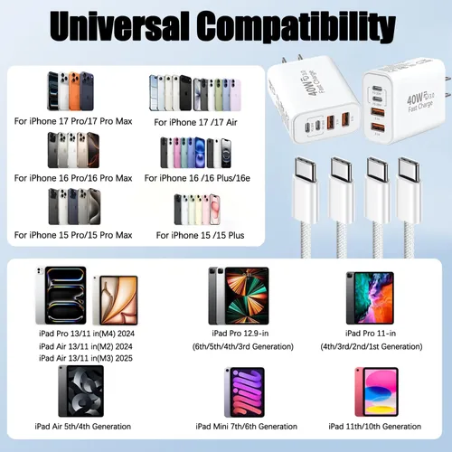Vista 4 de Cargador para iPhone 17 de carga rápida, bloque de cargador USB C de 4 puertos, paquete de 2 cargadores de Apple de 40 W con cable trenzado USB C a