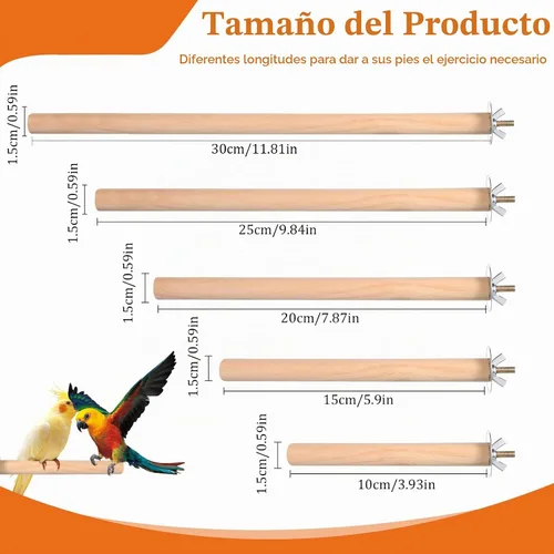 Vista 2 de 5 perchas de madera para periquitos, perchas para pájaros para jaula de madera con diferentes anchos, juguetes de jaula de pájaros, accesorios