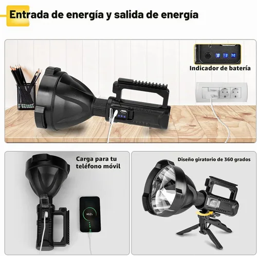 Vista 3 de Superbright - Linterna LED recargable de gran tamaño, 4 modos, de alta potencia, portátil, impermeable, reflector para camping, caza al aire libre
