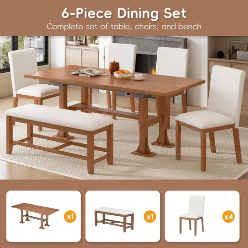 Vista 5 de LUMISOL 6-Piece Extendable Dining Table Set, Farmhouse Dining Room Set with 4 Chairs and Bench, 76 Inch Trestle Table with 18 Inch Removable Leaf