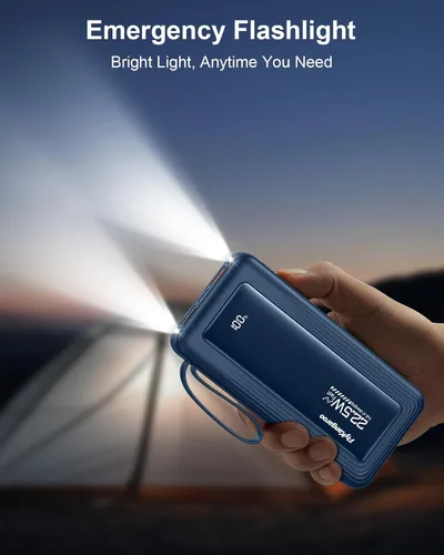 Vista 4 de Cargador portátil con cables incorporados, delgado 10000mAh carga rápida 22.5W banco de energía USB C pantalla LED paquete de batería 6 salidas y 2