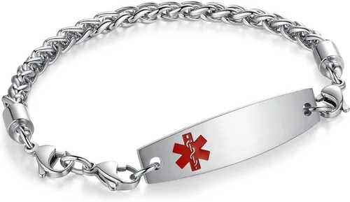 Vista 28 de Brazaletes de alerta médica ajustables de 7.5" a 9" para mujer/hombre, de acero inoxidable, intercambiables Cadena de bloque