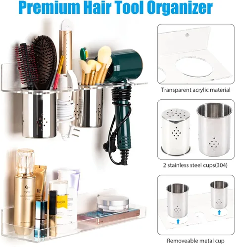 Vista 4 de Organizador de herramientas para el cabello, montaje en pared, juego de 2 soportes acrílicos para secador de pelo, organizadores de tocador de baño