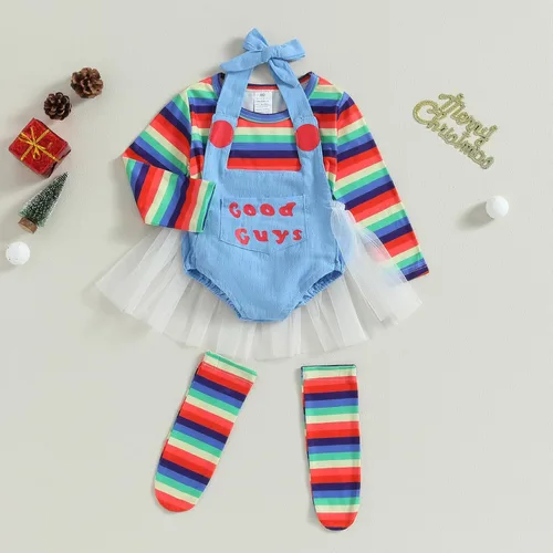 Vista 3 de DSORVICD Conjunto de camiseta de manga larga a rayas y pantalones con tirantes para niños pequeños