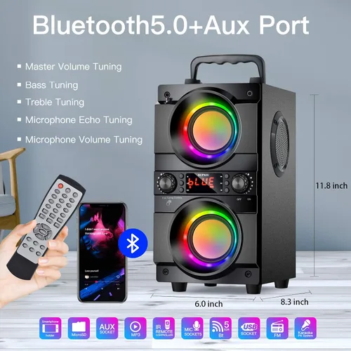 Vista 2 de Altavoz Bluetooth portátil de 60 W (pico de 80 W) con doble subwoofer de graves pesados, Bluetooth 5.0 inalámbrico de 100 pies para exteriores