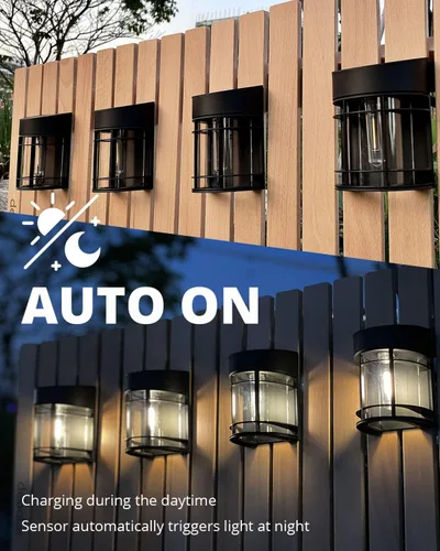 Vista 3 de Luces solares para cercas al aire libre, paquete de 8 luces de cubierta alimentadas por energía solar con bombillas LED Edison, luces solares Negro