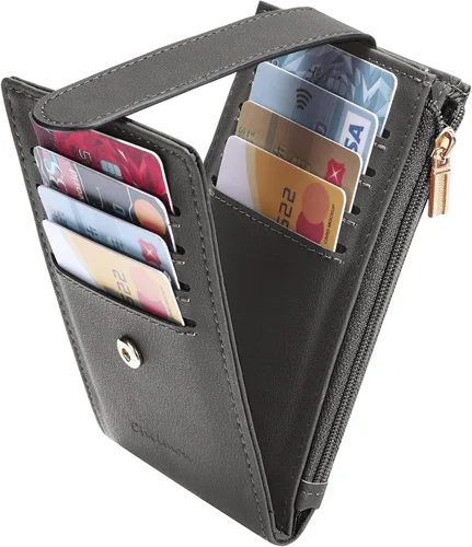 Vista 6 de Chelmon Billetera delgada para mujer, con bloqueo RFID, plegable, con bolsillo con cremallera, Gris oscuro con llavero, Minimalista