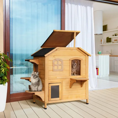 Vista 9 de 2-Story Wooden Cat House - Outdoor Cat Enclosure for Multiple Cats