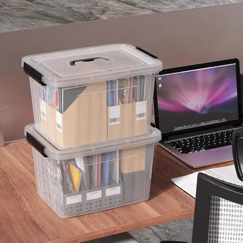 Vista 3 de Caja de plástico de 20 litros, cajas transparentes con tapa con asas negras, juego de 4