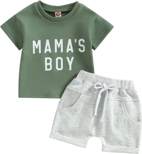 Vista 96 de Conjunto de traje de verano para bebé niño pequeño, manga corta, cuello redondo, letras impresas, lindo traje de verano, conjunto de 2 piezas