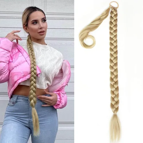 Vista 22 de Extensiones de cola de caballo trenzada de 20 pulgadas de largo para mujer, extensiones de cabello lacio envolvente con banda para el cabello, cola