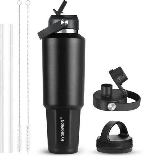 Vista 32 de HYDROWION Botella de agua aislada de 32 onzas, soporte para botella de agua para automóvil, botella de viaje aislada al vacío de doble pared