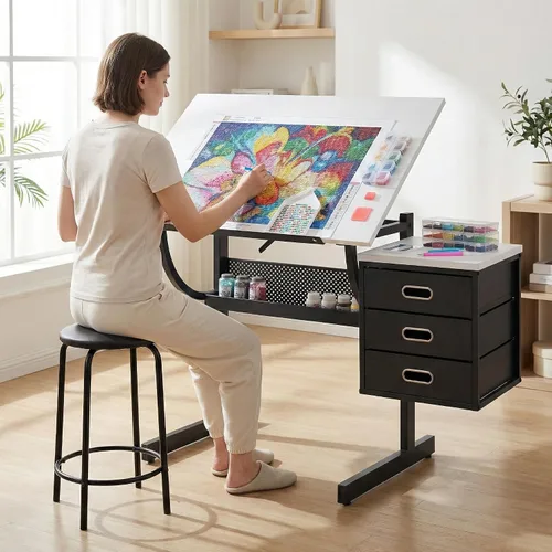 Vista 8 de Mesa de dibujo ajustable con 2 cajones y taburete, para arte y Negro