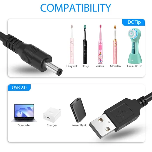 Vista 5 de Cable de carga para cepillo de dientes eléctrico Fairywill Sonic FW917 SG508 FW508 FW507 FWP11 FWD1 FWD3 FWD7 FWD8 FWE11 FWT9 P11, Dnsly, Vekkia