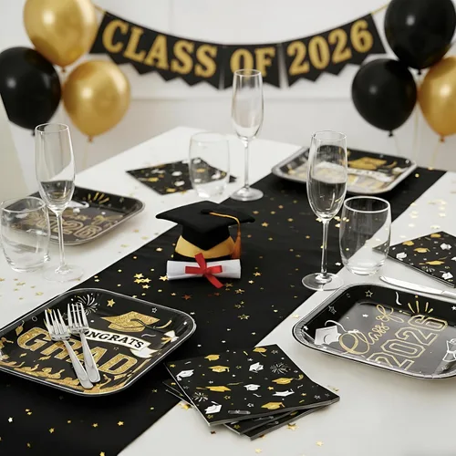 Vista 4 de Decoraciones de graduación 2026, suministros de fiesta de graduación negro y dorado con platos de papel desechables de 9 pulgadas, platos de postre
