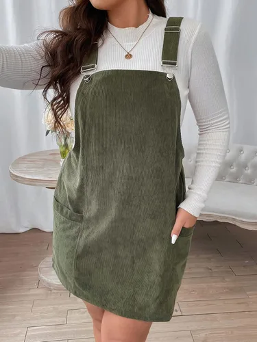 Vista 3 de WDIRARA Vestido corto de pana sin mangas para mujer, talla grande, con bolsillo