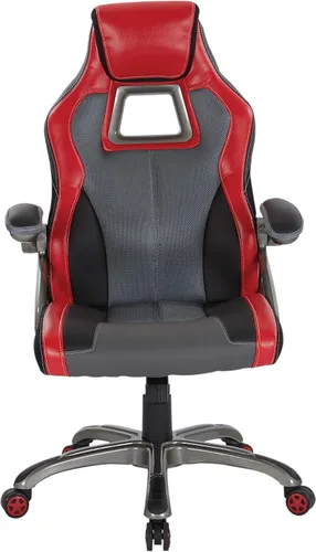 Vista 10 de OSP Home Furnishings Race Car - Silla ajustable para juegos, cuero consolidado gris carbón con detalles rojos