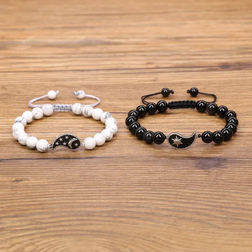 Vista 4 de COAI Yin Yang - Pulseras de piedra para parejas con diseño de My Sun and Stars Moon of My Life, Piedra, Ónix mate y howlita