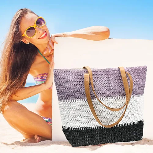 Vista 96 de Bolso grande de paja para mujer, tejido de ratán, bolso de playa de verano, a rayas