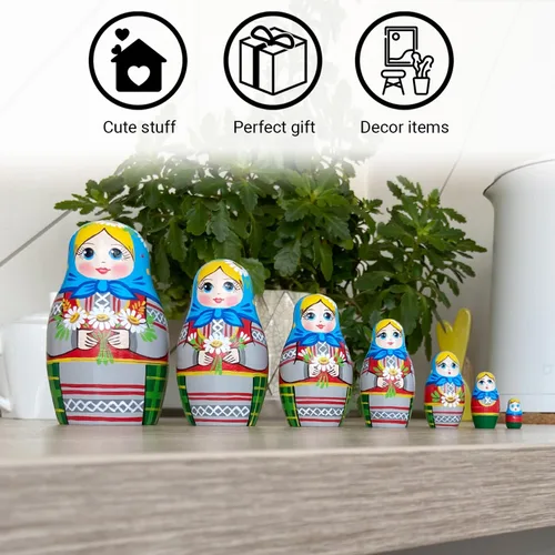 Vista 5 de AEVVV Juego de 7 muñecas rusas de anidación - Muñeca Matryoshka en vestido tradicional bielorruso - Muñeca rusa con acianos, espiguillas y flores
