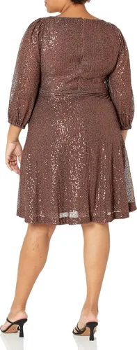 Vista 2 de DKNY Vestido de lentejuelas con cinturón y manga de globo 3/4 para mujer Chocolate