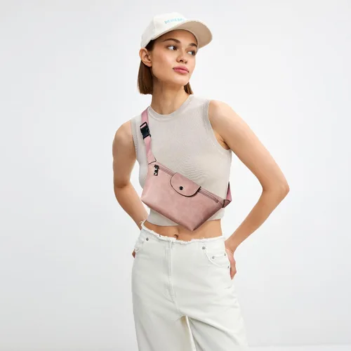 Vista 2 de OPAGE Riñonera de cuero para mujer, riñonera cruzada con correa ajustable, 2-3 Bicolor Rosa