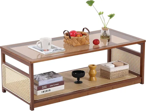 Vista 8 de Mesa de centro de bambú, parte superior de cristal, almacenamiento de ratán, almacenamiento de 2 niveles, color marrón Rectangular Center Table