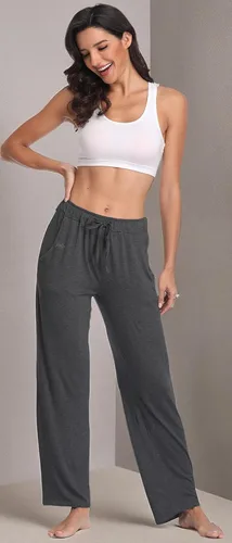 Vista 6 de Pantalones largos de modal, cómodos, con cordón ajustable, sueltos, de pierna recta, para yoga, correr, hacer deporte, con bolsillos