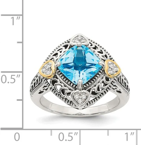 Vista 4 de Solid 925 Sterling Silver with 14k Diamond & Blue Simulated Topaz Ring (4mm)