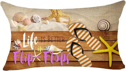 Vista 5 de LIPOR Juego de 4 fundas de almohada lumbares de algodón y lino con texto en inglés "It's Summer Time Life is Better in Flipflok", para sofá, 12 x 20