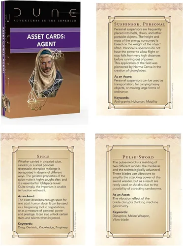 Vista 5 de Modiphius Dune: Cartas de activos – Baraja de expansión de agente – Dune Adventures in The Imperium, 56 cartas RPG expansión, paquete de accesorios