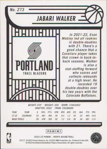 Vista 2 de 2022-23 Panini NBA Hoops #273 Jabari Walker Portland Trail Blazers Rookie Basketball Card - GotBaseballCards