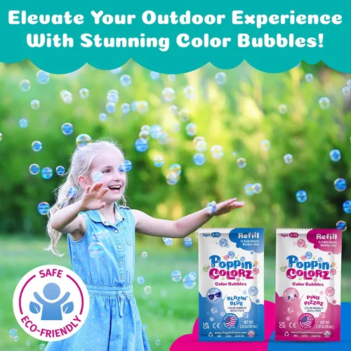Vista 4 de PoppinColorz Cozmic - Pistola de burbujas de color con 1 rosa, 1 azul y 2 soluciones de burbujas transparentes, fabricado en los Estados Unidos,