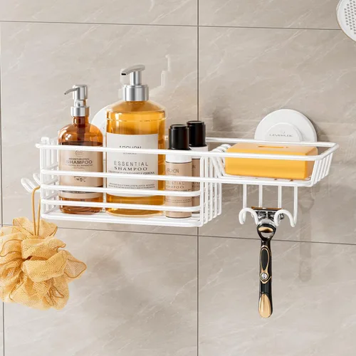 Vista 17 de LEVERLOC Cesta de ducha con ventosa, cesta de ducha con ganchos y jabonera para baño, organizador de ducha para baño sin necesidad de taladrar