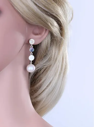 Vista 3 de Aretes largos colgantes hechos con perlas de cristal de Swarovski, regalos para mujeres, multicolor, tono plateado
