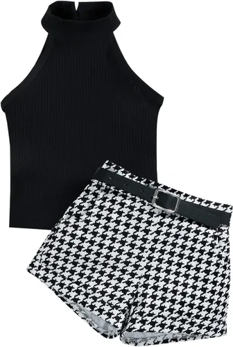 Vista 9 de TheFound Trajes de verano para niñas pequeñas, sin mangas, de punto acanalado, halter, pantalones cortos, ropa para recién nacidos, conjunto de 3
