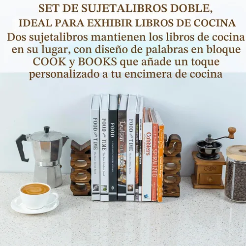 Vista 3 de MyGift Sujetalibros decorativos de madera quemada rústica para cocina y libros, para encimera de cocina, juego de 2 piezas Marrón oscuro