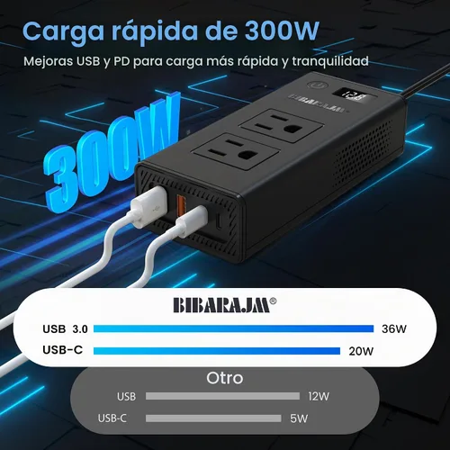Vista 4 de Convertidor de voltaje de automóvil de 300 W, inversor de CC de 12 V a CA, puertos de 110 V, cargador de coche de carga rápida con enchufe